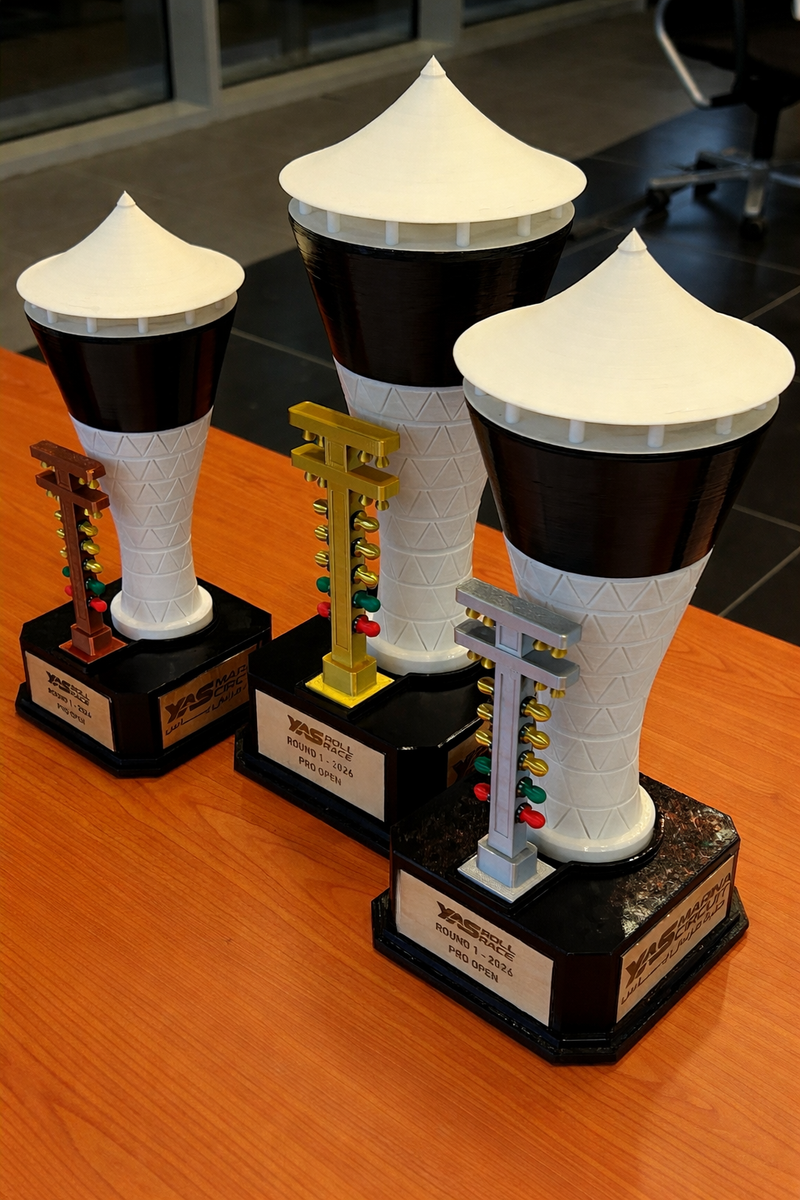 YAS Roll Race Pro Open trophies with racing tree starting lights